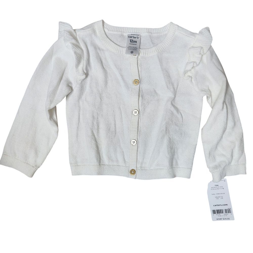Carter's Girls' Flutter Shoulder Cotton Cardigan Size 12 Months NWT Ivory